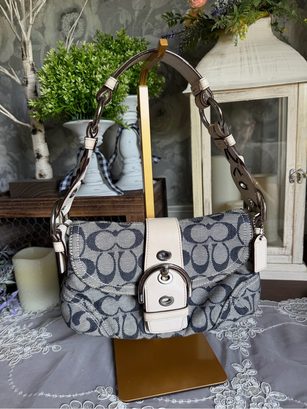 RARE Y2K Coach Soho Denim Flap Bag White Leather Trim Vintage 06171 Monogram